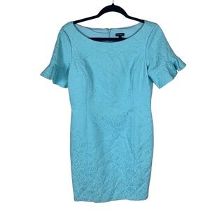 LAST CHANCE Talbots Blue Floral Embossed Short Ruffle Sleeve Knee Length Dress 8